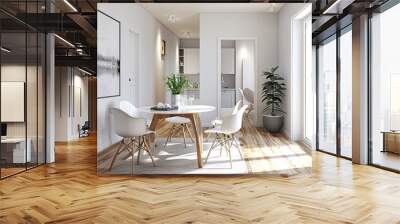 a small apartment, featuring a dining table and chairs as the focal point, with the bathroom door subtly visible in the background, embodying the minimalist elegance of Scandinavian home decor. Wall mural