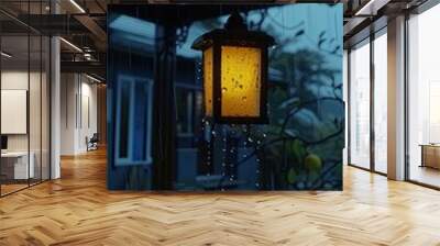 a solar lantern suspended from the eave of an outdoor porch, casting a serene blue light amidst the gentle patter of raindrops, creating a captivating scene of tranquility and natural beauty. Wall mural