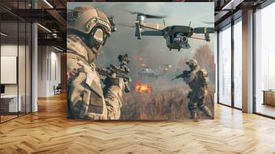 a soldier in a field, strategically setting up drones for combat in an ultra-realistic fighting style. Wall mural