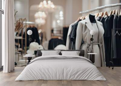 A sophisticated display of a white-gray-black coat and sweater on hangers in a high-end fashion store. These classic pieces showcase timeless elegance in women's fashion. Wall mural