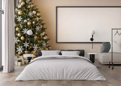 A spacious living room features a large black frame mockup and winter decorations, with a plush sofa, soft lighting, and a snowy landscape outside the window Wall mural