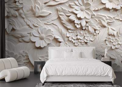 a stucco floral pattern on a wall within an elegantly decorated room. The image highlights the pattern's role in enhancing interior aesthetics. SEAMLESS PATTERN. SEAMLESS WALLPAPER. Wall mural