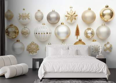 a stunning collection of Christmas decorations in glittering gold and silver hues. Set against a pristine white background, the ornaments create a festive and radiant atmosphere Wall mural