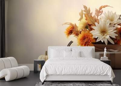 a Thanksgiving-themed background in soft, light colors, adorned with elements like pumpkins, autumn leaves, and candles. The scene conveys the peaceful ambiance of a holiday gathering. Wall mural