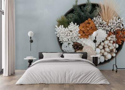 A top view of an elegant bowl showcasing an assortment of mushrooms like white button, shiitake, and portobello against a black backdrop Wall mural