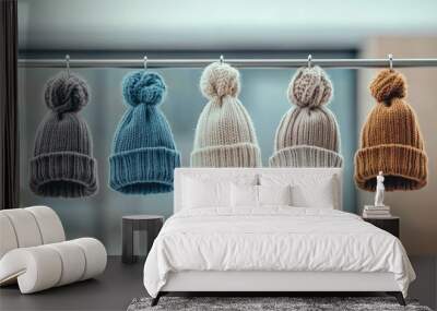 A variety of pastel knitted hats hangs from a rack, accentuated by the soft light coming through the blurred store window behind them Wall mural