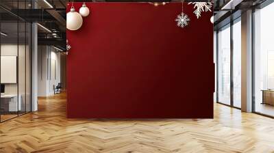 A vibrant red backdrop features delicate white snowflakes and shiny Christmas ornaments, creating a festive setting perfect for holiday celebrations and cheerful messages Wall mural