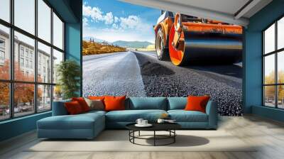 a vibrating roller machine compacting freshly laid asphalt on a sun-drenched day, against a backdrop of a clear blue sky and fluffy white clouds. Wall mural