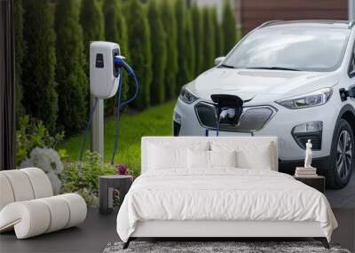 A white electric car is connected to a blue energy cable at an outdoor charging station in a park, highlighting sustainable transportation in daylight Wall mural