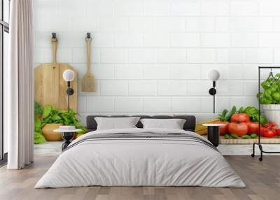 a white kitchen wall adorned by three plastic coat hangers, accompanied by an ironing board and a wooden spatula, while in the foreground, fresh vegetables or pasta await cooking Wall mural