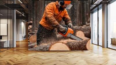 A worker in an orange uniform uses a chainsaw to cut down trees on forest land filled with fallen trunks. Wall mural