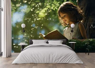 a young boy engrossed in a book under the shade of a majestic linden tree. The scene depicts the joy of reading in a natural, serene setting Wall mural