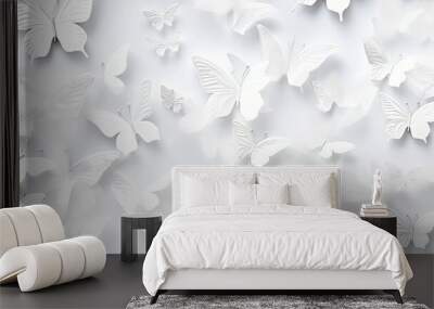 an abstract and creative wall design featuring a swarm of delicate white butterflies in flight. The composition showcases the ethereal beauty of these butterflies SEAMLESS PATTERN. SEAMLESS WALLPAPER. Wall mural