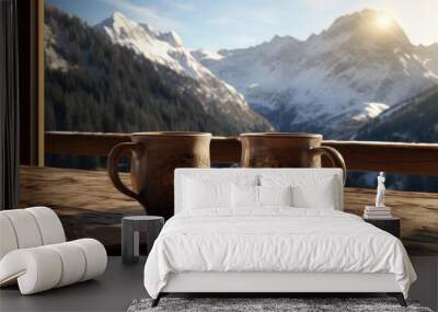 an alpine retreat with two steaming cups of herbal tea set against the backdrop of snow-capped mountains in a modern minimalist style. Wall mural