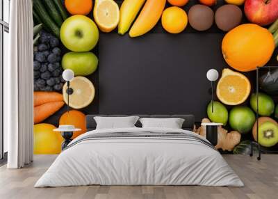 An assortment of fresh fruits and vegetables artfully arranged on a black wooden surface, highlighting vibrant colors and natural beauty Wall mural