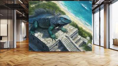 An iguana basks on the ruins of a temple, enjoying the warmth of the sun while overlooking Tulum's stunning turquoise waters and serene white sandy beaches Wall mural