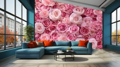 Beautiful summer flowers as background. Blossoming delicate roses on blooming flowers festive background. SEAMLESS PATTERN. SEAMLESS WALLPAPER. Created with Generative AI technology. Wall mural