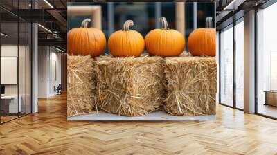 Colorful pumpkins of various sizes rest on stacks of hay bales, showcasing fall harvest beauty in a serene farm setting surrounded by greenery Wall mural