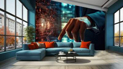 cyber security and internet security online, a businessman touching fingerprint identification to access personal financial data on a digital network, the integration of technology in network. Wall mural