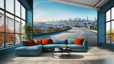 empty asphalt road panoramic perspective on a hill with city view background aerial photography, rounded, birds-eye-view, luminous shadows, low depth of field. Wall mural