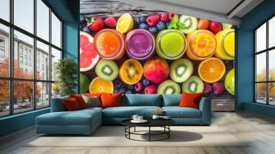 fresh juices or smoothies arranged on a wooden desk, with assorted fruits placed nearby, creating an inviting scene of health and refreshment. Wall mural