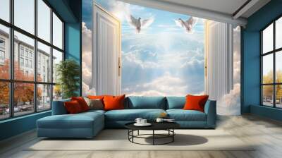 Gilded gates stand open in the sky as doves fly gracefully through fluffy white clouds, creating a tranquil heavenly atmosphere Wall mural