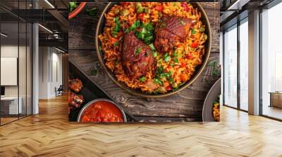 jollof rice adorned with succulent chicken pieces and golden fried plantain, a quintessential dish of West African cuisine, with ample space for text. Wall mural