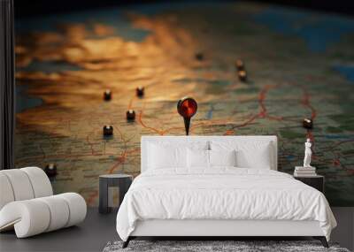 marking a location on a map with a pin, the sense of finding one's way, and incorporate elements that symbolize adventure, discovery, navigation, communication, logistics, geography and travel. Wall mural