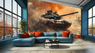 military strength with a photo displaying an armored personnel carrier tank and a helicopter, highlighting their advanced technology and formidable capabilities. Wall mural