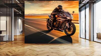 motorbike on the road riding. having fun driving the empty road on a motorcycle tour journey. copyspace for your individual text. Created with Generative AI technology. Wall mural