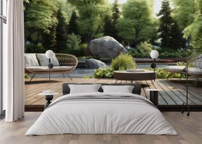 Outdoor furniture set on garden background. Wall mural