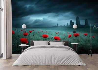 Red poppies bloom vividly among the ruins of an ancient city, while dark storm clouds loom overhead, highlighting the beauty amidst the desolation Wall mural