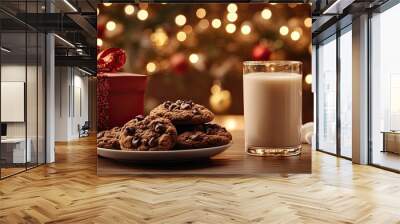 Santa's hand holds a cookie while sipping milk, with a plate of treats and a gift beside him in a cozy, festive setting Wall mural