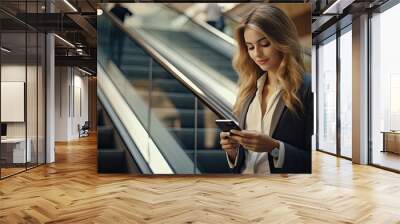 smiling young businesswoman, confidently standing on an urban escalator while wearing a suit, multitasking as she reads the latest news on her smartphone with a depiction of fast connection. Wall mural