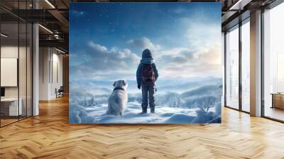 the boy and his dog as they explore the snowy outdoors together, while his furry friend playfully runs beside him. Wall mural