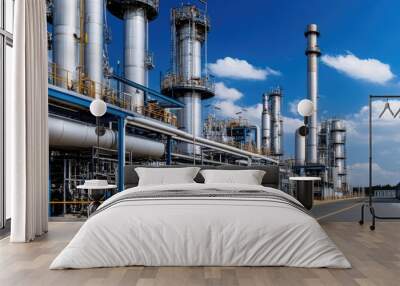 The expansive layout of a petrochemical plant features intricate gas pipes and large tanks under a clear blue sky, illustrating the scale and complexity of industrial technology Wall mural