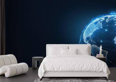 The globe is illuminated with digital connections, showcasing global data networks in a striking blue color against a dark background Wall mural