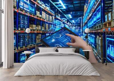 the hand of a warehouse worker operates a tablet, managing a digital construction system with a dashboard, against the backdrop of storage shelves in a bustling commercial warehouse. Wall mural