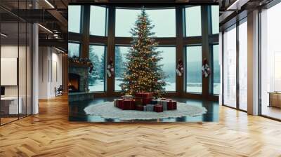 The living room features a stunning Christmas tree adorned with lights, surrounded by presents, and large windows displaying a tranquil outdoor scene Wall mural