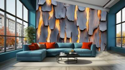 The texture of charred tree bark features deep black and brown colors, revealing the aftermath of a fire in a natural environment, highlighting nature's resilience SEAMLESS PATTERN Wall mural