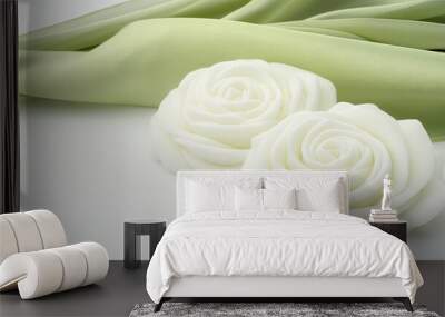 This captivating arrangement features soft white rose-shaped marshmallows beautifully wrapped in green and yellow cellophane, complemented by an elegant ribbon Wall mural