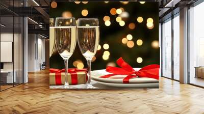 This festive table is elegantly adorned with champagne glasses, a ribbon-wrapped gift, and candles, creating a warm ambiance for Christmas celebrations by the tree Wall mural