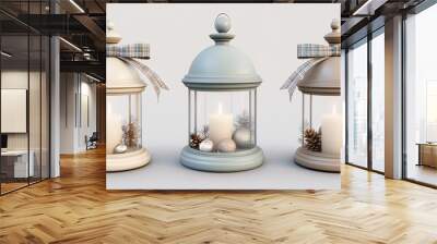 Three charming lanterns, each embellished with Christmas decorations and plaid ribbons, glow warmly as candles light up a rustic wooden setting, creating a festive atmosphere Wall mural