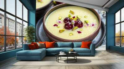 two bowls of creamy white kheer, a traditional Indian sweet made from rice and milk, delicately arranged on a sleek black plate. Wall mural