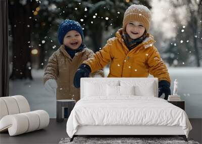 Two children enjoy skating on an ice rink during winter, wearing warm coats and hats. Their laughter fills the air as they create memorable moments in the cold Wall mural