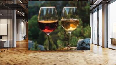 two wine glasses, one filled with red and the other with white wine, set against the backdrop of majestic mountains and lush nature, creating a photo-realistic oasis of relaxation. Wall mural