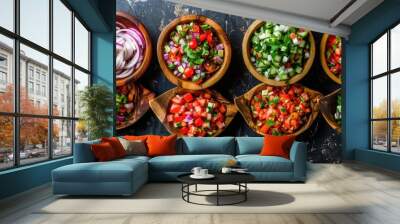 wooden bowls with fresh, vibrant vegetables and sliced red onion, neatly arranged for pico de gallo on a dark background. Wall mural