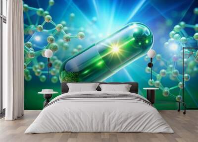 DHEA green capsule with molecular structures, biotechnology and pharmaceutical innovation concept, glowing pill floating in air. Health care design.  Wall mural