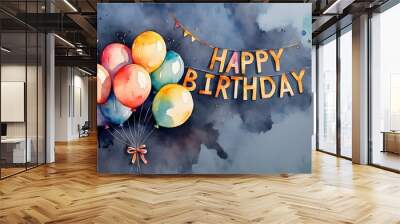 Watercolor birthday card with colorful balloons tied with an orange-yellow bow. HAPPY BIRTHDAY text. Generative AI Wall mural