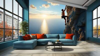 Rock climber scaling cliff above vast ocean trying to reach the top reflected by sunlight Wall mural